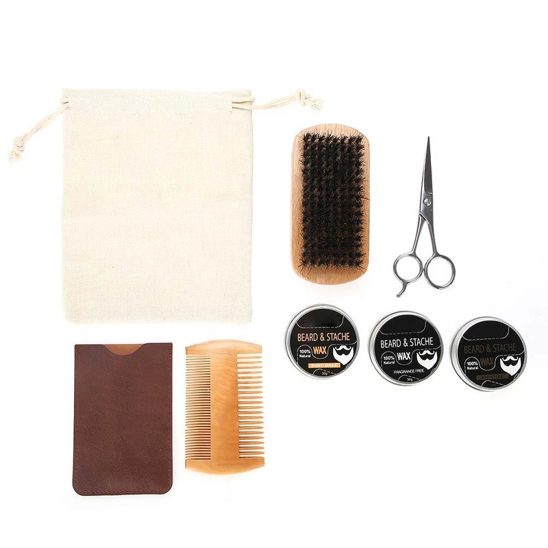 3pcs Beard Care Kit Balm Comb Brush Scissor Comb Bag