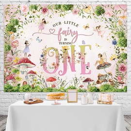 Mocsicka Fairy 1st Birthday Backdrop Princess Girl Happy First Mushroom Fairy Birthday Background Little Flowers Fairy Tale Wonderland Birthday Party Decoration Banner (Pink, 7x5ft)