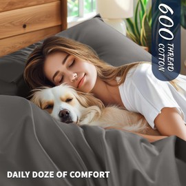 Shilucheng 100% Cotton King Size Sheets Set - 600 Thread Count，Luxury Egyptian Cotton Bed Sheets，5-Star Hotel Quality Sheets, Breathable & Cooling, 16 Inch Deep Pocket - 4 Piece (Dark Grey, King)