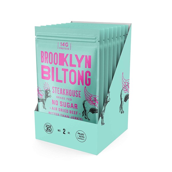 Brooklyn Biltong - Air Dried Grass Fed Beef Snack - Whole30 Approved, Paleo, Keto, Gluten Free, Sugar Free, Made in USA - 2 oz. Bags, 8 Count (Steakhouse)
