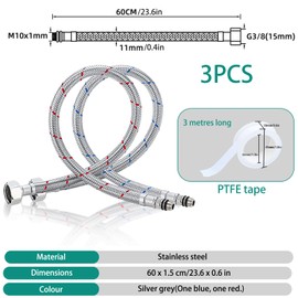 Brateuanoii Set of 2 Connection Hose Fitting G3/8 x M10-60 cm, Flexible Hose Extension, Reinforced Hose, Stainless Steel Reinforced Hose, Tap, Sanitary Tap Hose, with PTFE Tape