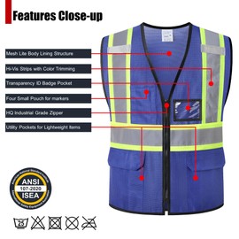 HATAUNKI Reflective Safety Vest for Men Women Hi Vis Vest with Pockets High Visibility Vest Mesh Construction Vests Meets ANSI/ISEA Standards (Blue-33, X-Large)