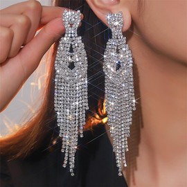 Octwine Women Silver Gold Statement Rhinestone Tassel Long Earrings Sparkly Long Rhinestones Chandelier Dangle Drop Earrings Bridal Wedding Party Prom Earrings Teardrop Dangle Earrings for Women,