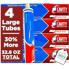 4 Pack of 8.2 Oz Toothpaste Tubes Bundle with Joey'z Decal - Fluoride Cavity Protection Regular Paste, Bulk Toothpaste, Prevents Cavities Before They Start