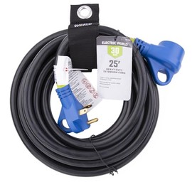 Electric World RV 30 Amp 25' Heavy Duty Extension Cord | Designed for 30 amp Service | Waterproof Housing | Finger Grip Handles
