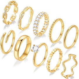 10 PCS 14K Gold Plated Ring Set for Women, Dainty Gold Knuckle Rings Non Tarnish, Simple Thumb Stacking Rings Pack Size 7