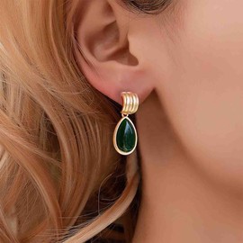 Yheakne Boho Emerald Teardrop Earrings Gold C Shape Stud Earrings Vintage Green Emerald Earrings Large Oval Emerald Dangle Earrings Jewellery for Women and Girls, Zinc, No Gemstone