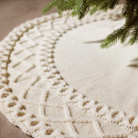 LASPERAL Knitted Tree Skirt 48 Inch Ivory White Crochet Christmas Tree Skirt, Farmhouse Rustic Cable Knit Edge Tree Skirt with Bow Tie for Home Décor, Washable Heavy Yarn Tree Skirt Indoor Outdoor