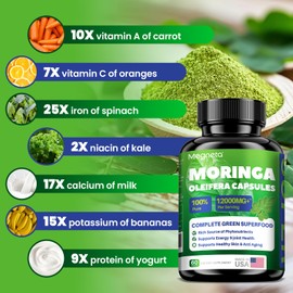 Moringa Capsules 12000mg – Organic Moringa Oleifera Leaf Powder, High Strength Antioxidant & Immune Support, 60 Capsules