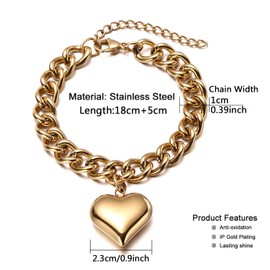 Acierble Stainless Steel Statement Chunky Big Puffy Gold Heart Charms Bracelet for Women Thick Statement Chain Link Bracelets for Lover,18K Gold Color