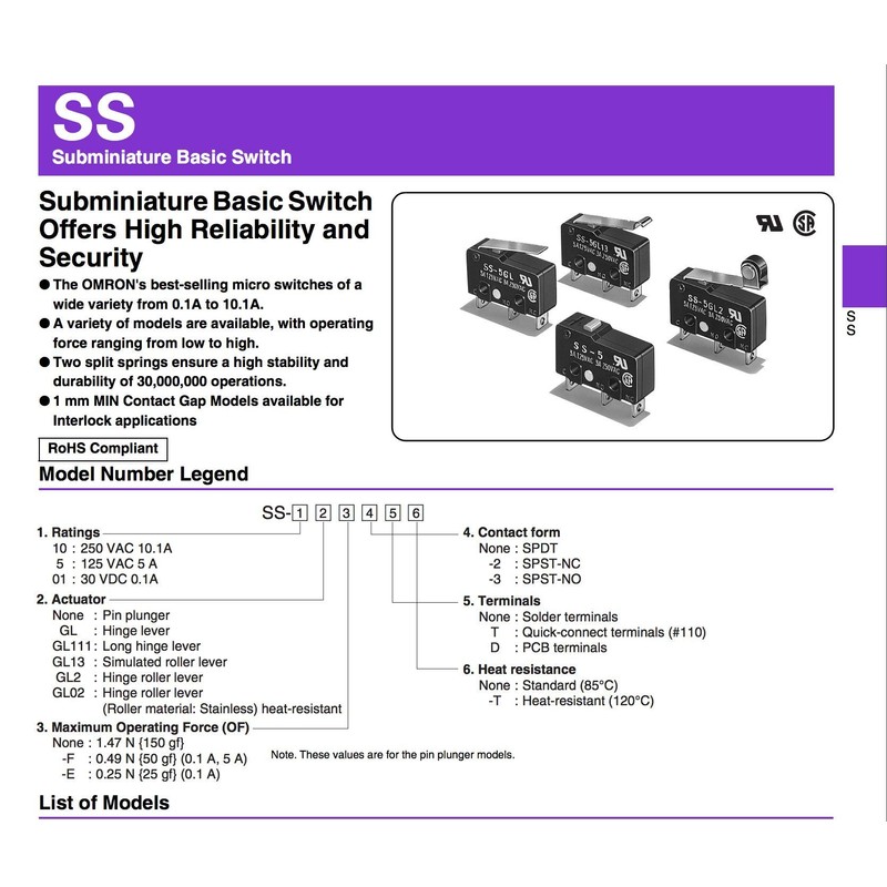 Switch Snap Action SS-5GL2 (Pack of 2) N.O./N.C. Single Pole,