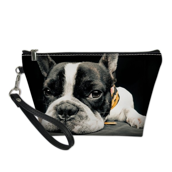 HUGS IDEA Bulldog Print Cosmetic Bag Travel Portable Clutch Bag Leather Waterproof Makeup Pouch