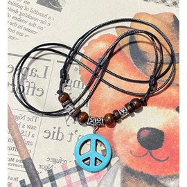 Nove Jewelry Leather Peace Sign Necklace - Peace Symbol Necklace - Stone Peace Sign Pendant - Adjustable Black Cord (Blue)
