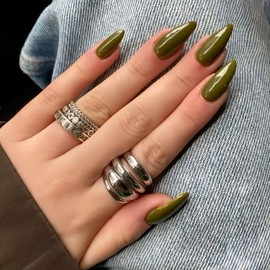 KQueenest Olive Green Press On Nails Medium Almond - Acrylic Nails for Gluing, Natural Plain Fake Nails Fingernails for Gluing, Shiny Gel Full Cover False Nails for Women, Pack of 24