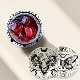 ANATTASOUL 9 Pcs Wood Coasters Set for Drinks Satan Goat Skull Colorful Wooden Cup Mat for Coffee Table Decor, Absorbent Desk Coasters for Home, Apartment, Office, Bar