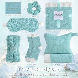 JOOJA Birthday Get Well Soon Cozy Gift Basket Care Package for Women with Blanket, Fuzzy Socks, Eye Mask, Headband Cozy Essentials - Green