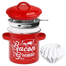Bacon Grease Saver Container with Fine Strainer, Enamel Grease Can Jar, Farmhouse Bacon Fat Container Storage, Cooking Oil Container with 50 pcs Filter Paper for Kitchen Storing Cooking or Frying Oil