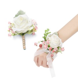 YSUCAU White & Pink Rose Corsage and Men Boutonniere Set for Wedding Ivory Corsages Wristlet Band Bracelet for Wedding Flowers Accessories Prom Suit Decorations