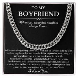 To My Boyfriend Necklace Chain, Gifts for Bf, Boyfriend's Birthday Gift from Girlfriend, Promise Necklace for Him, Relationship Jewelry Gift, To My Soulmate Cuban Link Chain, Long Distance Couple Necklaces, Valentines Day Present (Standard Box Silver Cha