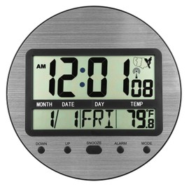Digital Atomic Clock - Stainless Steel Dial Round Self-Setting Digital Wall Clocks Battery Operated for Kitchen,Bedroom,Living Room,Office - Easy to Read and Set,Auto DST,Silver
