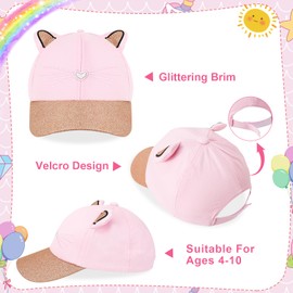 Girls Baseball Cap Kids Sunglasses Set,Adjustable Sun Hat Golden Glitter Cat Ear Hat Cute Toddler Cap for Girls Ages 3-10Y