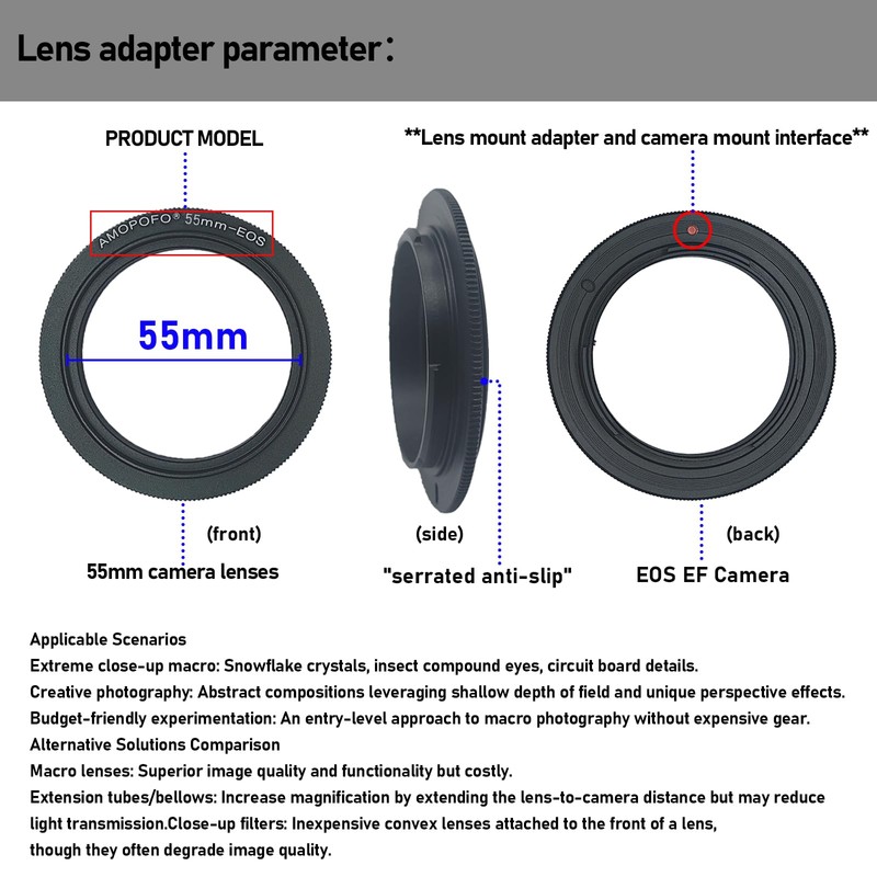 EF-55mm Reverse Adapter for EF-S Cameras 70D,77D,80D,10D,20D,30D,40D, 50D,5D,5D Mark II,5D