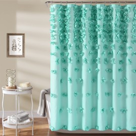Lush Decor Riley Shower Curtain, 72" W x 72" L, Aqua - Luxury Shower Curtain With Bows - Charming Texture - Beautiful & Elegant Girly Bathroom Accessory - Romantic, Vintage Glam Bathroom Decor