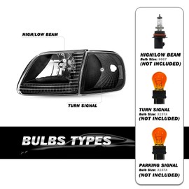 SOCKIR Headlight Assembly Replacement Fits for 1997-2003 F150 2004 F150 Heritage 1997-2002 Expedition 1997-1999 F250 Light Duty with Corner Lights 4pcs (Black Housing with Clear Reflector)