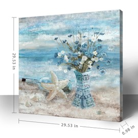 Large Canvas Wall Art for Living Room Blue Beach Wall Decor Ocean Theme Print Seaside Framed Artwork for Bedroom Bathroom Abstract Seascape Painting Coastal Flower Picture Home Office Decor 30x30inch