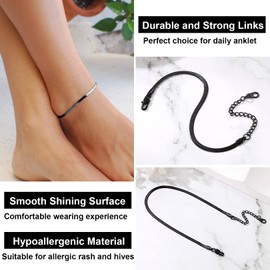 FOCALOOK Black Steel Anklet for Men, 3MM Flat Snake Chain Anklets Bracelet with Durable Clasp, Sturdy Link Chain Jewellery for Father Husband