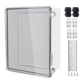 IP67 Waterproof Junction Box, ABS Plastic Electrical Enclosure with Stainless Steel Latch, Hinged Cover Electric Box with Mounting Plate, Wall Brackets & Cable Glands 350x250x150mm