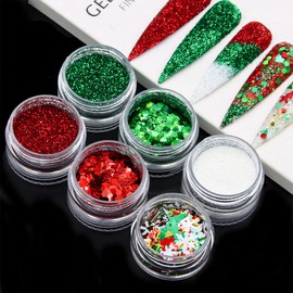 Christmas Nail Art Glitters Sequins Snowflake Chrome Powder Nail Art Decorations Glitter Green Red Nail Art Designs Christmas Winter Nail Powder Glitters Decals for Women White Snowflake Nail Art