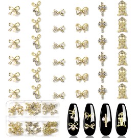 JERCLITY 30 Pieces 3D Luxury Alloy Gold Bow Nail Charms With Glitter Rhinestone Pearl Flat Back Cross Nail Charms Crown Bowknot Nail Charms Studs Nail Jewelry Accessories for Nail Art Decorations