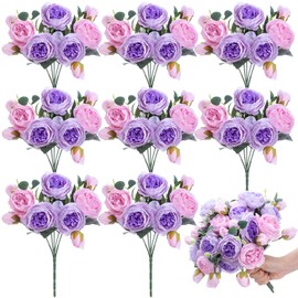 Yunsailing 8 Pack Artificial Peony Flowers Faux Silk Hydrangea Bouquet Wedding Home Table Decor Reusable Bouquet of Rose Flower for Valentine's Day Wedding(Pink Purple)