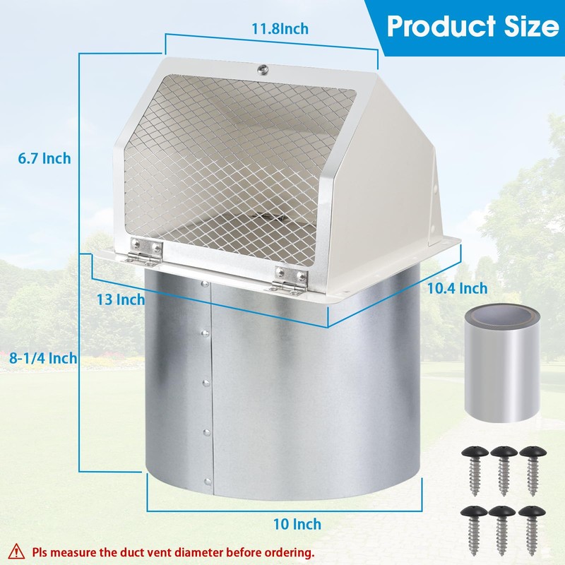 10" Hooded Wall Vent with Screen and Damper,Outdoor Wall Mount