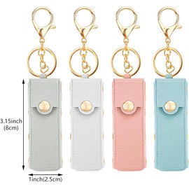 4 Pcs Lipstick Holder Keychain PU Leather Chapstick Case Keychain Lip Balm Organizer Holder Lip Gloss Keychain Holder Portable Sleeve Lipstick Travel Storage Case for Women (Pink+Blue+Gray+White)