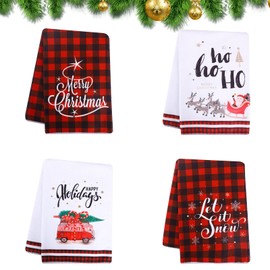 Hileyu 4 Pieces Christmas Tea Towels,45 x 70cm Microfibre Tea Towels,Super Absorbent Kitchen Towels,Merry Christmas Buffalo Plaid Tea Towels and Bar Towels