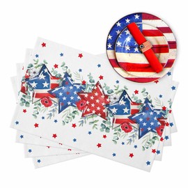 4th of July Placemats Set of 4, Patriotic Memorial Day Heat Resistant Washable Dining Table Mats Holiday Farmhouse Decor for Kitchen&Table Linens Outdoor Indoor, American Stars Summer Poppy Eucalyptus
