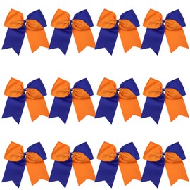 8 Inch 2 Colors Jumbo Cheerleader Bows Ponytail Holder Cheerleading Bows Hair 12 Pcs (Royal blue/Orange)