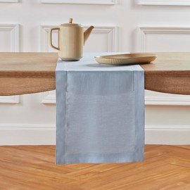 Solino Home Small Easter Table Runner 48 Inch - Classic Hemstitch 100% Pure Linen Dusty Blue Table Runner 14 x 48 Inch for Dresser and Coffee Tables
