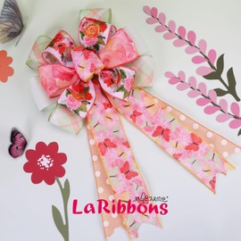 LaRibbons Floral Ribbon Wired 6 Rolls 2.5 Inch x 36 Yards TTL, Yellow Green and Pink Butterfly Flower Ribbon with Plaid and Polka Dot Printed for Spring Summer Crafts Wrapping Wreath Bow Decoration