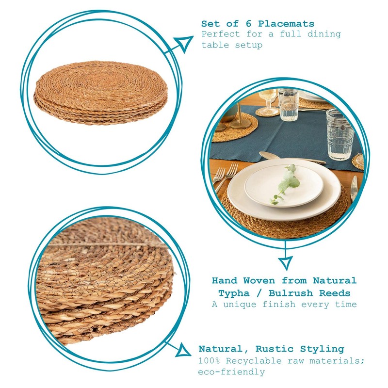 6x Water Hyacinth Wicker Weave Placemats - Typha Design Round