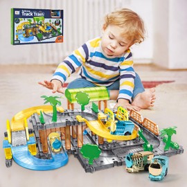 Splicing Race Track for Toddlers - with 2 Car and 58 Pcs Road Builder Blocks, Slot Rail Train Sets for Kids Ages 3-6, Pre-School Educational Puzzle Toys, Gifts for Boys Girls Years 3 4 5 6 7 8