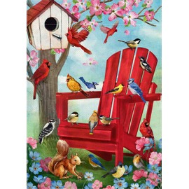 Covido Spring Red Chair Birds Decorative Garden Flag, Cardinal Blue Jay Chickadee Squirrel Birdhouse Flowers Yard Outside Decorations, Summer Farmhouse Outdoor Small Home Decor Double Sided 12 x 18