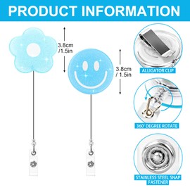 Whaline 8Pcs Flower and Smile Retractable Badge Holder with Clip Pastel Preppy Sparkly Nurse ID Badge Reel Name Tag for Office School Hospital Nurses Doctors Teachers