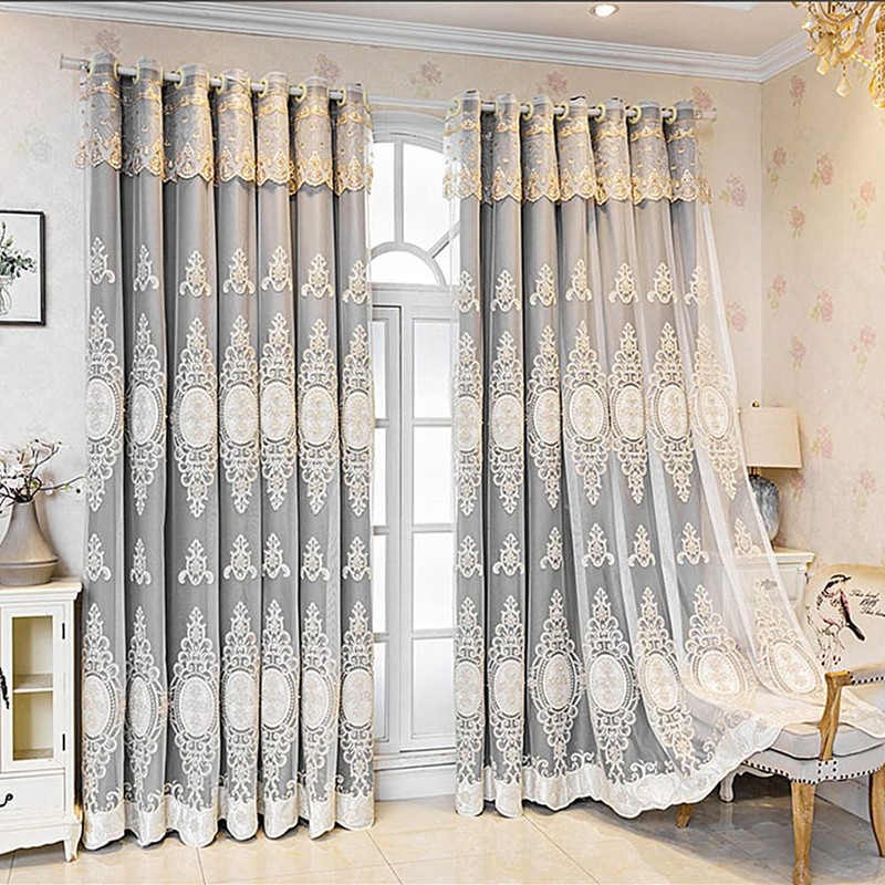Amidoudou 1 Pair European Double Layer Curtains with Valances for
