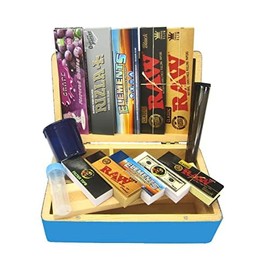 Fenny's Creations Pine Wooden Storage Box Kingsize Papers Filter Tips Plastic Cone Holder Gift Set Starter Kit (Blue_MD_SET01)