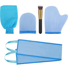 Kit de 5 Aplicadores de Manoplas Autobronceadoras, Incluye Guante Exfoliante, Mitón Bronceador, Mitón Facial Pequeño, Aplicador de Loción de Espalda con Cepillo Autobronceador (Azul)