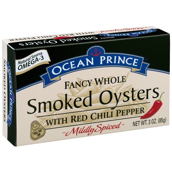 Ocean Prince Smoked Oysters with Red Chili Pepper, 3 Ounce Cans (Pack of 18)