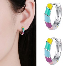 Unbranded Sterling Silver Rainbow Colorful Drip Oil Round Huggie Hoop Earrings PE35